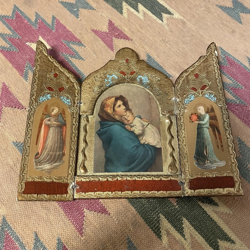 Vintage Triptych, Ferruzzi Madonnina, by G.B. Florence, Italy Gold Leaf Wood
